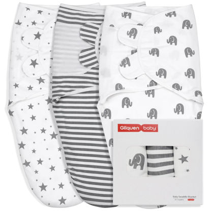 Picture of GLLQUEN BABY Newborn Swaddle Sack - Swaddle Blankets for Baby Boy, 3 Pack Baby Swaddles 0-3 Months, Swaddle Sleep Sack, Baby Wrap Swaddle Sack, Elephant & Star & Stripes, Newborn Essentials