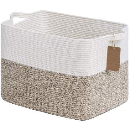Picture of Goodpick Woven Storage Basket, Baskets for Organizing, Blanket Basket Living Room, Rope Baskets for Storage, Rectangle Toy Basket With Handles, Brown and White, 18 x 14 x 12 Inches