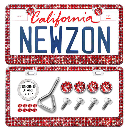 Picture of Newzon Red Bling License Plate Frames 2 Pack, Red Rhinestone License Plate Frames for Women, Bedazzled License Plate Holder, Luxury Handmade Glitter License Plate Frame With Sparkly Diamond Screw Caps