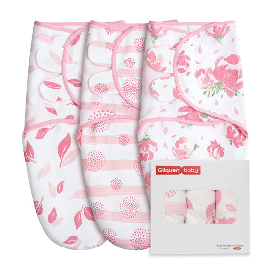 Picture of GLLQUEN BABY Girl Swaddles 0-3 Months - 3 Pack Baby Swaddle Sack for Newborn, Infant Sleep Sack, Easy Swaddle Wrap, A Pink Florals, Nursery Swaddle Blankets Essentials