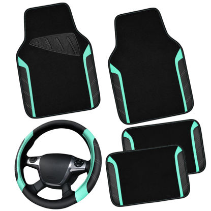 Picture of CAR PASS Leather Steering Wheel Cover and Waterproof Car Floor Mats,Microfiber Universal Car Combo Fit for 95% Sedan,SUV,Cars,14.5-15inch Sporty Anti-Slip Safety Comfortable Design(Black&Mint)