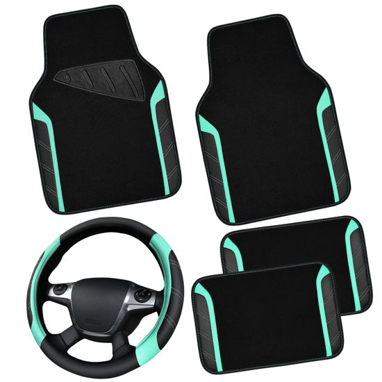 Picture of CAR PASS Leather Steering Wheel Cover and Waterproof Car Floor Mats,Microfiber Universal Car Combo Fit for 95% Sedan,SUV,Cars,14.5-15inch Sporty Anti-Slip Safety Comfortable Design(Black&Mint)