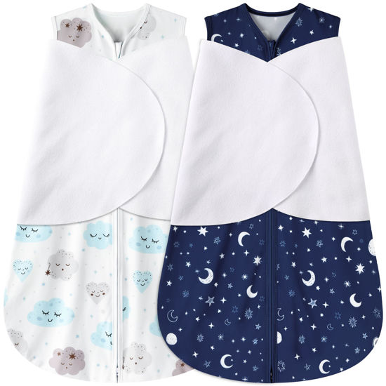 Picture of BSTOPPT Newborn Sleep Sack Baby Swaddle,0-3 Months,3-Way Adjustable Wearable Blanket,100% Rayon Cotton Swaddling sleeping bag，TOG 0.5（Clouds&Starry Sky）