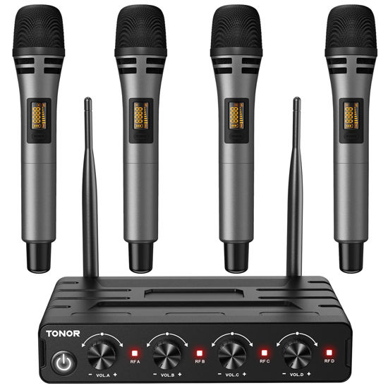 Picture of TONOR Wireless Microphones System with 4x10 Channels Cordless Handheld Microfono Inalambrico, 200FT UHF Range, Mics with Stable Signal Transmission for Karaoke Singing Party Church Wedding PA Speaker