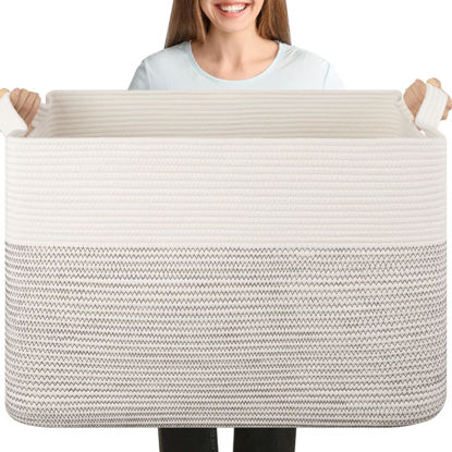 Picture of XXXL Large Blanket Basket, 108L Storage Basket, Cotton Rope Baskets for Living Room, Supre Large Toy Basket for Kids, Woven Basket for Clothes, Towels, Pillows, 25" x 16" x 16", Black and White