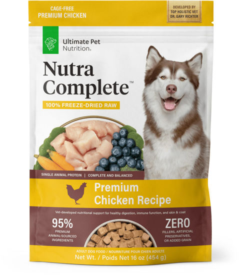Picture of ULTIMATE PET NUTRITION Nutra Complete Raw Freeze Dried Dog Food, Veterinarian Formulated with Antioxidants, Prebiotics & Amino Acids (1 Pound, Chicken)