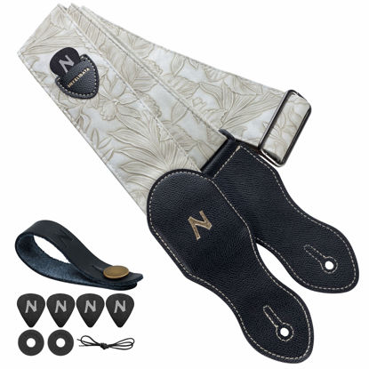 Picture of Nefelibata Guitar Strap with Pick Pocket,2.3 inch Porter Style Leather Carving Guitar Straps,60s Vintage Style (White)