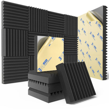 Picture of 12 Pack Sound Proof Foam Panels for Wall with Self Adhesive, 3" X 12" X 12" High Density Acoustic Panels Sound Absorbing Quick-Recovery, Wedges Soundproof Wall Panels for Gaming & Studio Decor - Black