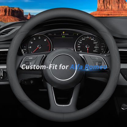 Picture of Custom-Fit for Alfa Romeo Steering Wheel Cover, Premium Leather Car Steering Wheel Cover with Logo, Non-Slip, Breathable, for Alfa Romeo Accessories (B-Style,for Alfa Romeo)