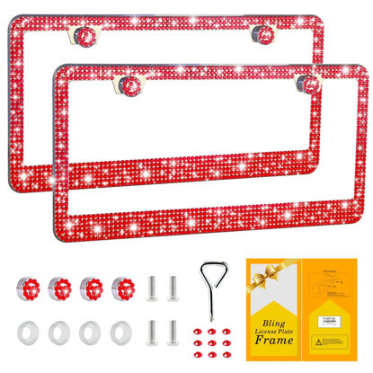 Picture of FIISFIIS Bling License Plate Frame for Women,2 Pack Premium Stainless Steel Rhinestone License Plate Holder,Handmade Glitter Crystal Diamond Lincense Plate Cover for Girl,Bedazzled Sparkly Caps-Red