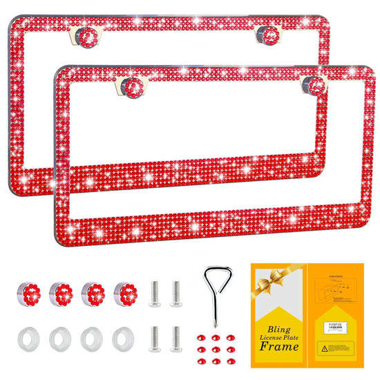 Picture of FIISFIIS Bling License Plate Frame for Women,2 Pack Premium Stainless Steel Rhinestone License Plate Holder,Handmade Glitter Crystal Diamond Lincense Plate Cover for Girl,Bedazzled Sparkly Caps-Red