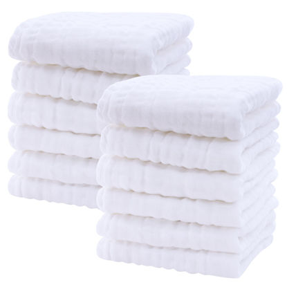 Picture of SWEET DOLPHIN 12 Pack Baby Muslin Washcloths - Soft Face Cloths for Newborn, Absorbent Bath Wash Cloths, Wipes, Burp Rag - Toddlers Essentials Stuff, Baby Registry as Shower -10"x10", White