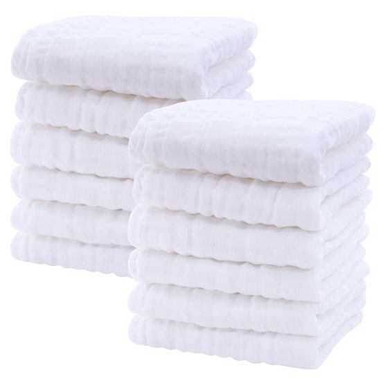 Picture of SWEET DOLPHIN 12 Pack Baby Muslin Washcloths - Soft Face Cloths for Newborn, Absorbent Bath Wash Cloths, Wipes, Burp Rag - Toddlers Essentials Stuff, Baby Registry as Shower -10"x10", White