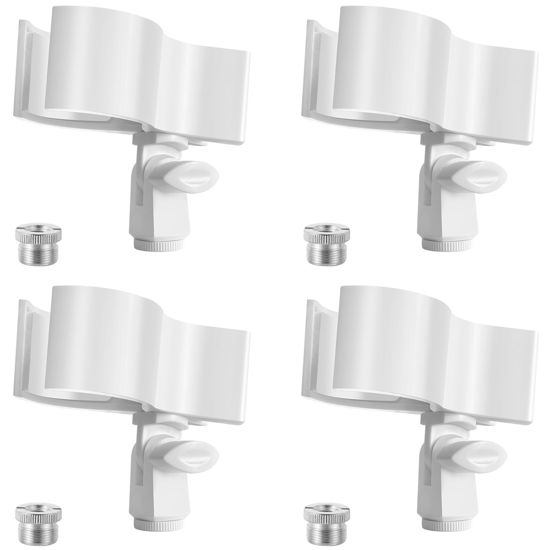 Picture of BILIONE 4 Pcs Versatile Mic Clip, Adjustable Microphone Holder Clip for Microphones with Outer Diameter Between 32mm and 60mm, with 5/8" to 3/8" Screw Adapter (White)
