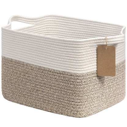 Picture of Goodpick Woven Storage Basket for Shelves, Cotton Rope Dog Toy Bin, Empty Gift Basket with Handles, Square Baskets for Storage, Brown and White Storage Bin, 13 x 10 x 9 Inches