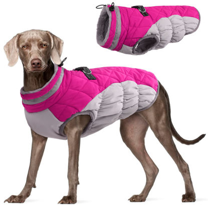 Picture of FUAMEY Dog Coat,Warm Dog Jacket Winter Coat Paded Dog Fleece Vest Reflective Dog Cold Weather Coats with Built in Harness Waterproof Windproof Dog Snow Jacket Clothes with Zipper Rose Red Large