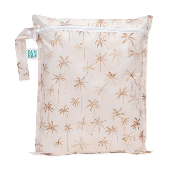 Picture of Bumkins Waterproof Wet Bag for Baby, Travel, Swim Suit, Cloth Diapers, Pump Parts, Pool, Gym Clothes, Toiletry, Strap to Stroller, Daycare, Zipper Reusable Bag, Wetdry Packing Pouch, Palm Trees