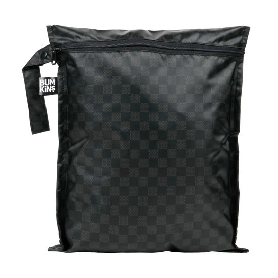 Picture of Bumkins Waterproof Wet Bag for Baby, Travel, Swim Suit, Cloth Diapers, Pump Parts, Pool, Gym Clothes, Toiletry, Hook to Stroller, Pack for Daycare, Zipper Reusable Bag, Wetdry Pack Pouch, Black Check