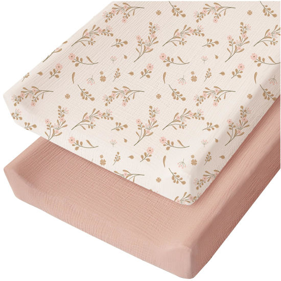 Picture of Konssy Muslin Changing Pad Cover for Baby Girls Boys, 100% Cotton Fitted Diaper Chang Table Covers, Soft Breathable Changing Pad Sheets, 2 Pack (Floral,Pink)