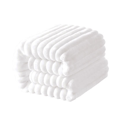 Picture of NTBAY Plush Flannel Baby Blanket, Soft and Warm Toddler Blanket with Striped Texture for Stroller, Crib, Travel, 30x40 Inches, White