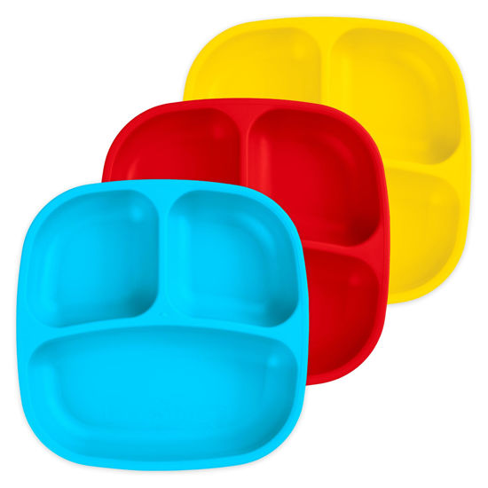 Picture of Re-Play Made in USA 7" Deep Walled Divided Plates for Kids, Set of 3 - Reusable 3 Compartment Plates, Dishwasher and Microwave Safe - 7.37" x 7.37" x 1.25", Preschool