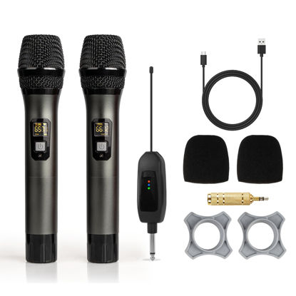 Picture of Soundgeek Wireless Microphone UHF Metal Dual Handheld Mic with Rechargeable Receiver 200ft Range, Microphone for Singing, Karaoke, Church, Speech, Wedding, Party Singing(2 Mics, Gray & Gray)