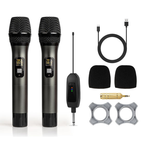 Picture of Soundgeek Wireless Microphone UHF Metal Dual Handheld Mic with Rechargeable Receiver 200ft Range, Microphone for Singing, Karaoke, Church, Speech, Wedding, Party Singing(2 Mics, Gray & Gray)