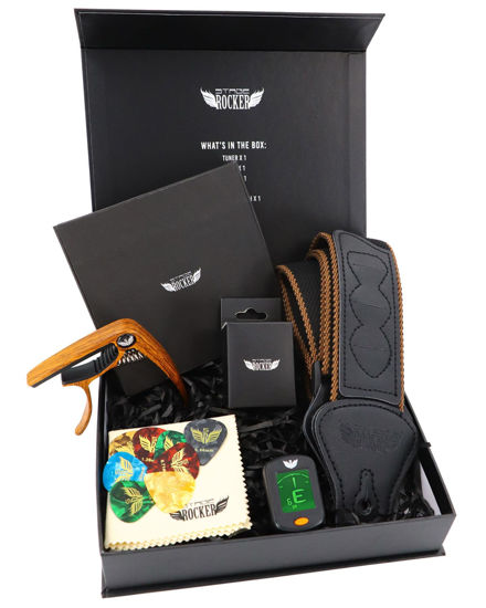 Picture of Stage Rocker Guitar Accessories Gift Box for Acoustic and Electric Guitars, Classic Black Weave Guitar Strap, Picks, Capo, Tuner, Cleaning Cloth, 5-in-1 Essential Gift