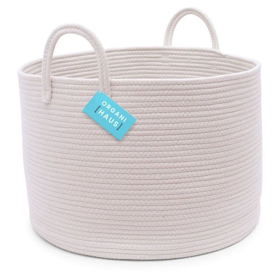 Picture of OrganiHaus White Woven Baskets for Storage 20x13, Large Basket for Toys, Nursery Laundry Basket, Cotton Rope Basket with Handles, Towel Basket for Bathroom, Throw Blanket Basket for Living Room