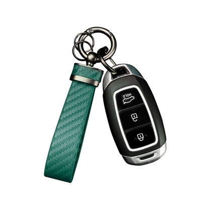 Picture of Turcee Carbon Fiber Car Keychain,Interior Accessories Keychains Leather Car Key Fob,Car Accessories Key Ring & Anti-Lost D-Ring(Green)