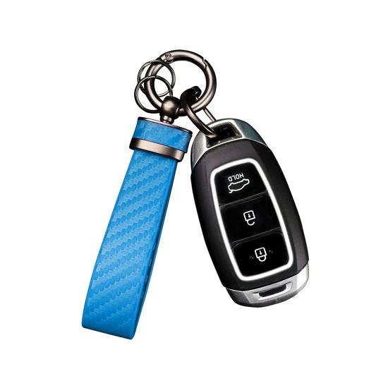 Picture of Turcee Carbon Fiber Car Keychain,Interior Accessories Keychains Leather Car Key Fob,Car Accessories Key Ring & Anti-Lost D-Ring(Blue)