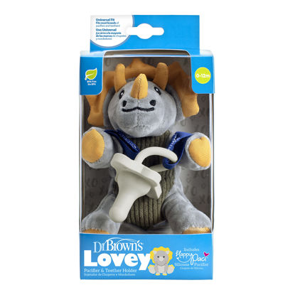 Picture of Dr. Brown's Baby Lovey Pacifier and Teether Holder, Triceratops with Gray HappyPaci, 100% Silicone, 0-6m