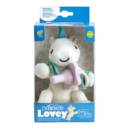Picture of Dr. Brown's Baby Lovey Pacifier and Teether Holder, Unicorn with Pink HappyPaci, 100% Silicone, 0-6m