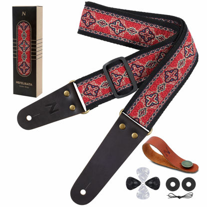 Picture of Nefelibata Guitar Strap, 2" Embroidery Full Grain Leather Ends Guitar Straps with Hidden Pocket, for Bass, Electric and Acoustic Guitars, Strap Button, Strap Locks and Guitar Picks