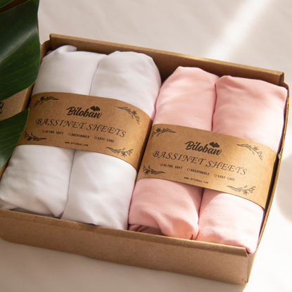 Picture of Baby Bassinet Sheets 4 Pack Compatible with 33" x 20" Mika Micky, Baby Delight, Dream On Me and Other Rectangle Bassinet Mattress, Ultra Soft & Skin Friendly, Washer & Dryer, Pink and White
