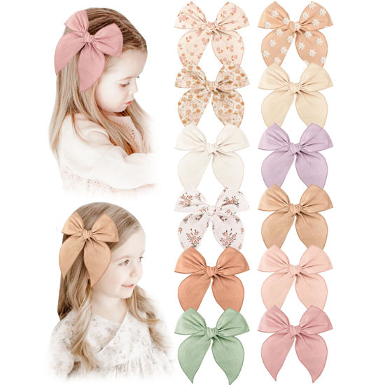 Picture of Niceye Fable Girls Hair Bows Cotton Linen Alligator Hair Clips or Little Girls Toddlers Kids Neutral Handmade Hair Accessories - 5.5” bow