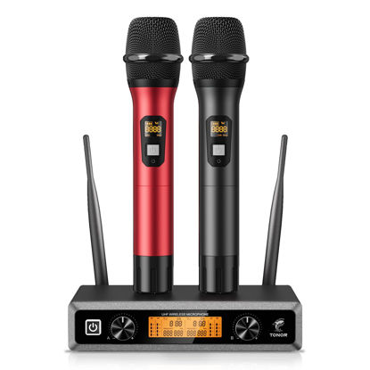 Picture of Wireless Microphone System, TONOR Professional Metal Cordless Karaoke Microphones, Handheld Dynamic Mic Set with Receiver for Party, Meeting, KTV, Church, DJ, Wedding, Singing, 200ft, TW820 Black &Red