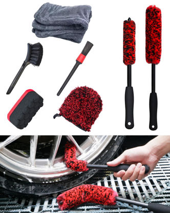 Picture of Premium 7PCS Car Wheel Rims Detail Cleaning PRO Wash Kit, Wheel Wash Mitt, Tire Brush,2PCS Soft Woolies Wheels Brush,Detailing Brush and Tire Dressing Pad,Microfiber Dry Towel Scratch-Free Cleaning