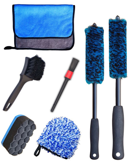 Picture of oesee 7PCS Car Wheel Rims Detail Cleaning PRO Wash Kit, Wheel Wash Mitt, Tire Brush, 2PCS Soft Woolies Wheels Brush, Detailing Brush, and Tire Dressing Pads, Microfiber Dry Towel Scratch-Free Cleaning