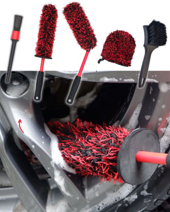 Picture of oesee Metal Free Microfiber Wheel Brush Kit- Microfiber Angled Wheel Brush, Long Handle Wheel Brush, Tire& Detailing Brush, Wheel Wash Mitt. Hands-On Wheel Detailing Kit for Daily Wheel Cleaning