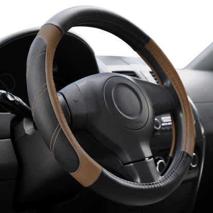 Picture of Elantrip Leather Steering Wheel Cover 14 1/2 to 15 inch Universal Padded Soft Grip Breathable for Car Truck SUV Jeep Anti Slip Brown
