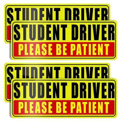 Picture of Sukh 4 Pcs Student Driver Magnet for Car - Be Patient Student Driver Magnet Boys and Girls New Student Driver Sticker Safety Warning Reflective Signs Reusable Movable
