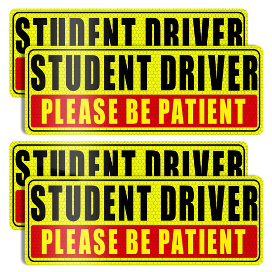 Picture of Sukh 4 Pcs Student Driver Magnet for Car - Be Patient Student Driver Magnet Boys and Girls New Student Driver Sticker Safety Warning Reflective Signs Reusable Movable