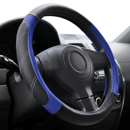 Picture of Elantrip Steering Wheel Cover Leather 15 1/2-16 inch Universal Padded Soft Grip Breathable for Car Truck SUV Jeep Anti Slip Blue and Black