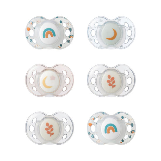 Picture of Tommee Tippee Nighttime Pacifiers, 18-36 months, 6 Pack of Glow in the Dark Pacifiers with Symmetrical Silicone Baglet