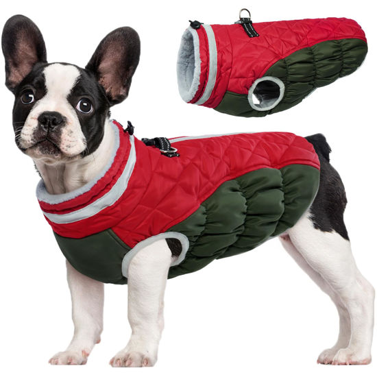 Picture of FUAMEY Dog Winter Jacket,Dog Cold Weather Coats Paded Dog Vest with Harness Built in Pet Warm Clothes Dog Apparel with Back Zipper Dog Water Resistant Coat for Small Medium Large Dogs Christmas S