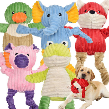 Picture of LECHONG 5 Pack Tough Dog Toys Stuffed Squeaky Dog Toys Assortment Plush Animal Dog Toy Value Bundle Puppy Pet Dog Toys for Small Medium Large Dogs