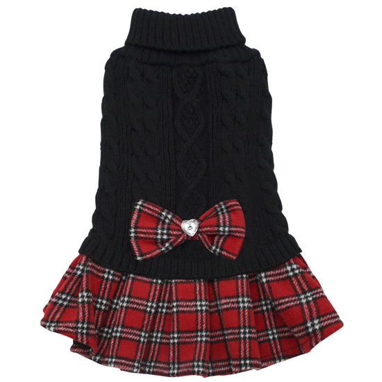 Picture of KYEESE Dog Sweaters for Small Dogs Girl Comfy Dog Sweater Small Dog Sweater Soft with Bowtie Buffalo Check Dog Coats Turtleneck Dog Clothes Pullover Knitwear Dog Sweater Dress Puppy Sweater
