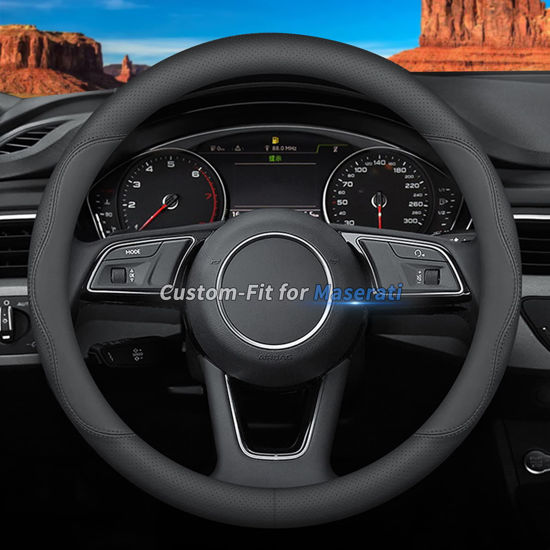 Picture of Custom-Fit for Maserati Steering Wheel Cover, Premium Leather Car Steering Wheel Cover with Logo, Non-Slip, Breathable, for Maserati Accessories (B-Style,for Maserati)