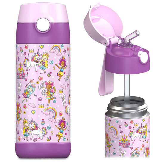 Picture of JARLSON Kids Water Bottle with Straw - Charli - Insulated Stainless Steel Water Bottle - Thermos - Girls/Boys (Princess 'Mosaic', 12 oz)